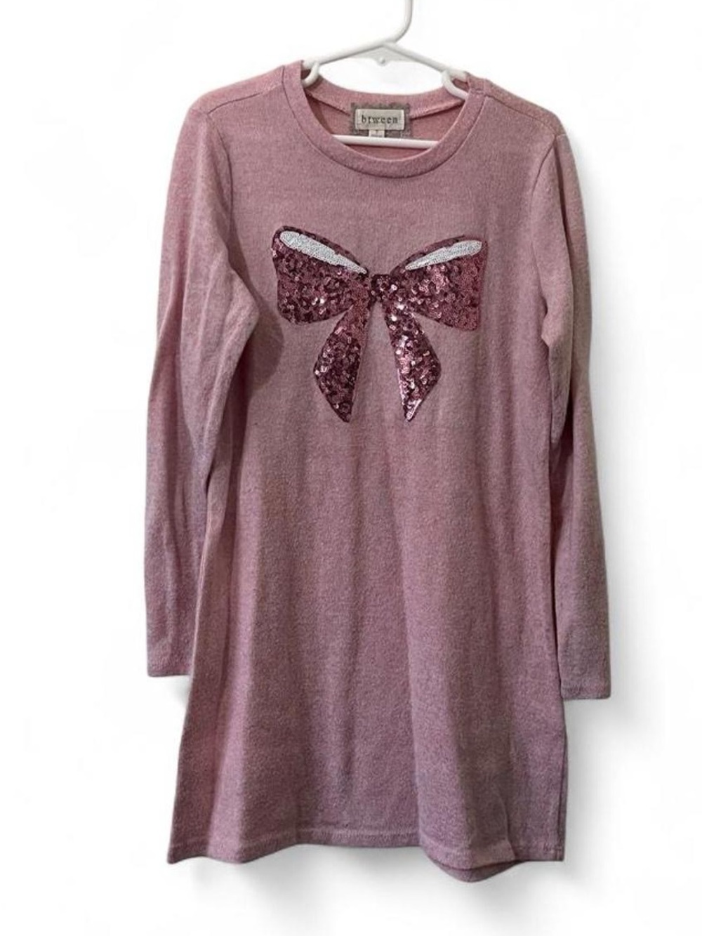Girls Small Size 7 Long Sleeve Dress Rose Pink Sequins Bow Knit Dress Btween